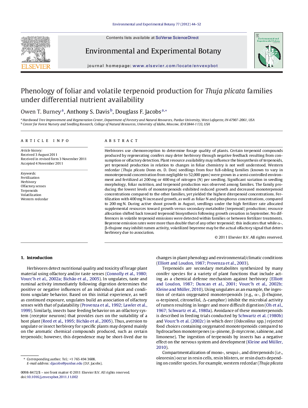 Phenology of foliar and volatile terpenoid production for Thuja plicata families under differential nutrient availability