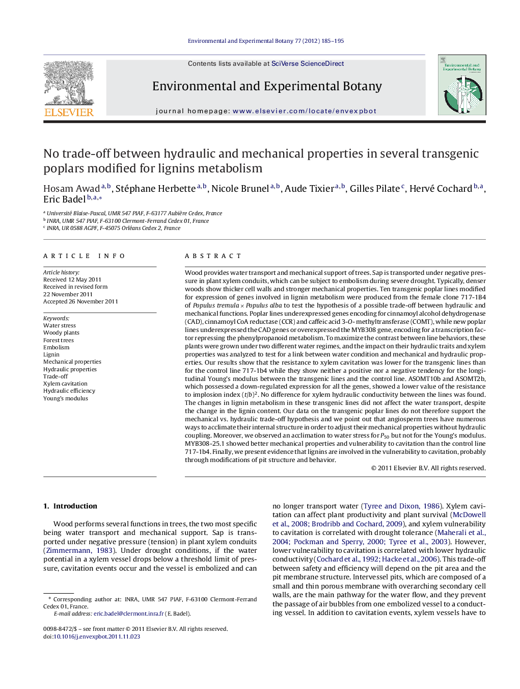 No trade-off between hydraulic and mechanical properties in several transgenic poplars modified for lignins metabolism