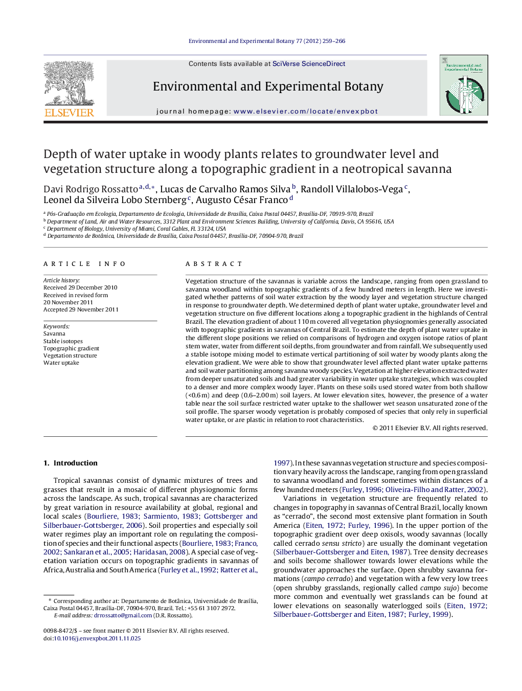 Depth of water uptake in woody plants relates to groundwater level and vegetation structure along a topographic gradient in a neotropical savanna