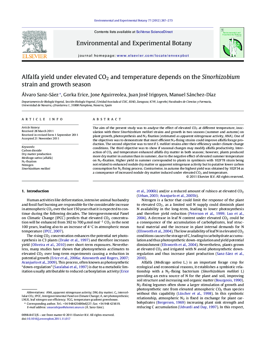 Alfalfa yield under elevated CO2 and temperature depends on the Sinorhizobium strain and growth season