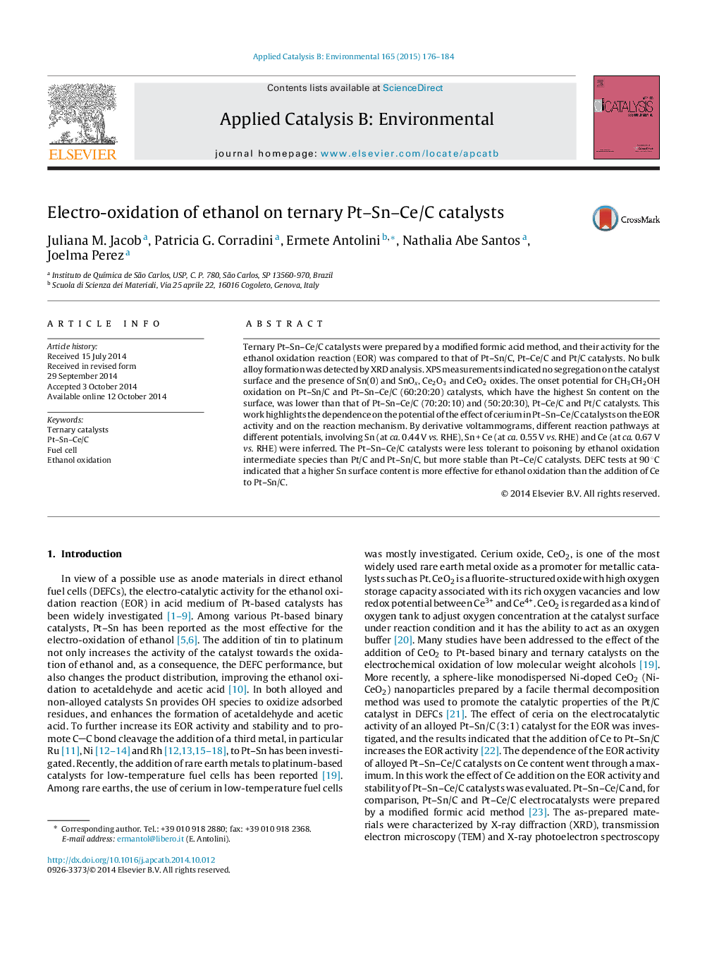 Electro-oxidation of ethanol on ternary Pt–Sn–Ce/C catalysts