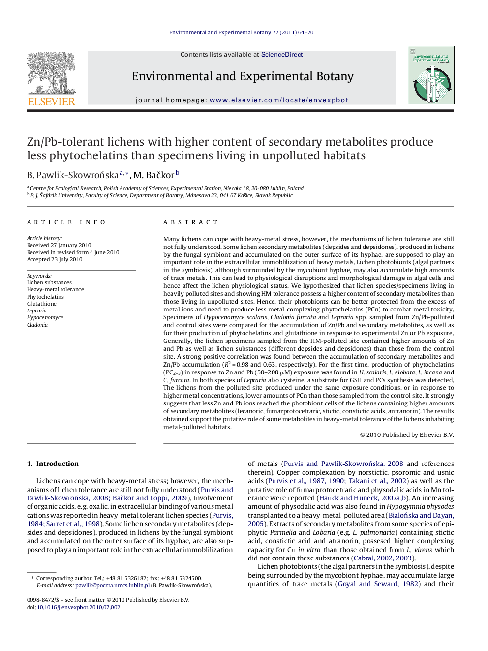 Zn/Pb-tolerant lichens with higher content of secondary metabolites produce less phytochelatins than specimens living in unpolluted habitats