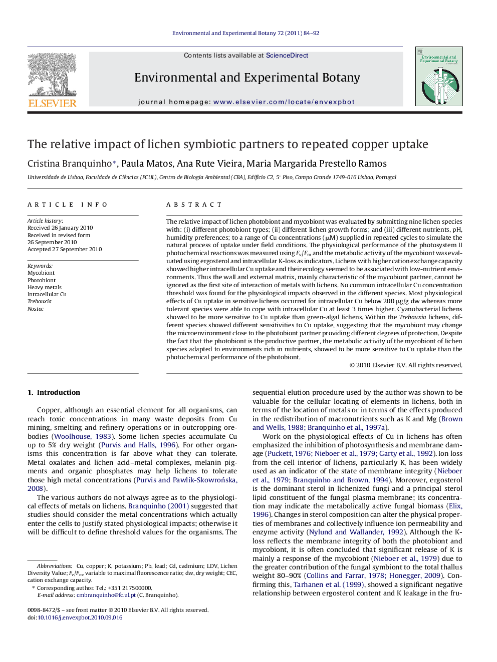 عکس صفحه اول مقاله: The relative impact of lichen symbiotic partners to repeated copper uptake The relative impact of lichen symbiotic partners to repeated copper uptake
