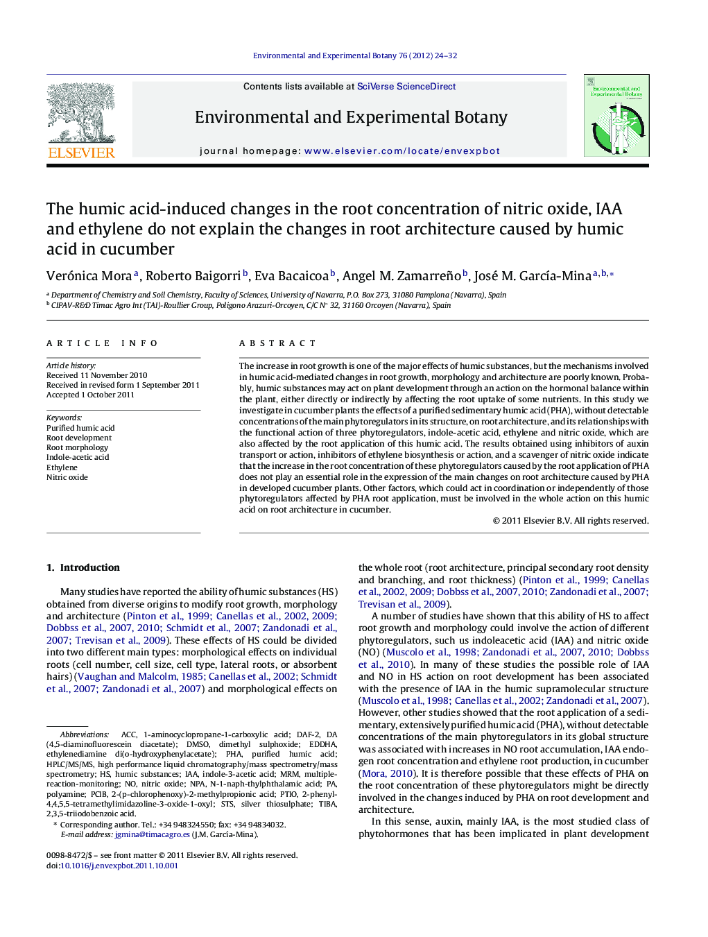 The humic acid-induced changes in the root concentration of nitric oxide, IAA and ethylene do not explain the changes in root architecture caused by humic acid in cucumber