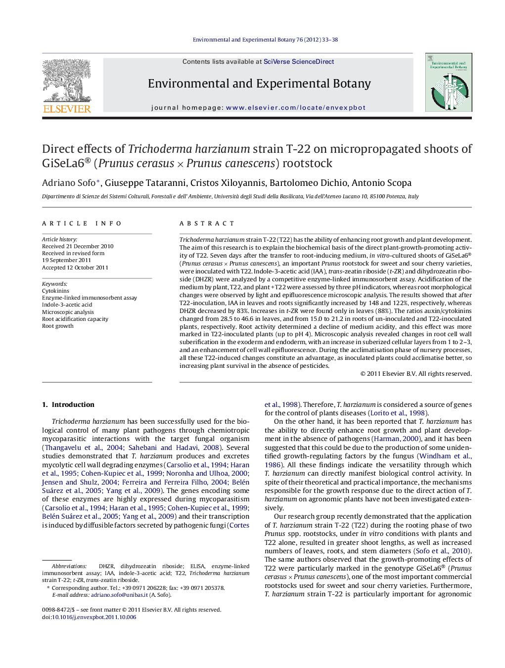 Direct effects of Trichoderma harzianum strain T-22 on micropropagated shoots of GiSeLa6® (Prunus cerasus × Prunus canescens) rootstock