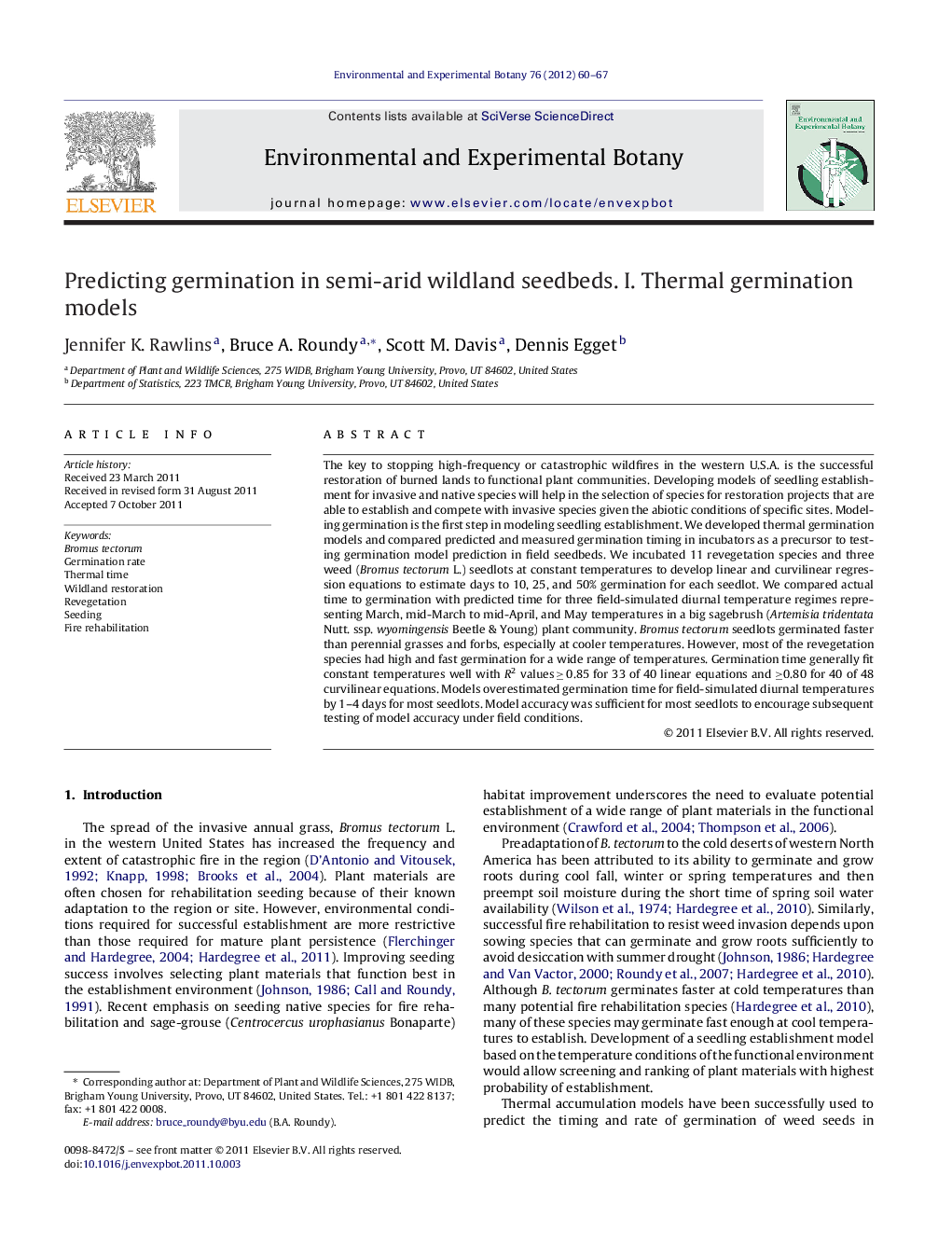 Predicting germination in semi-arid wildland seedbeds. I. Thermal germination models