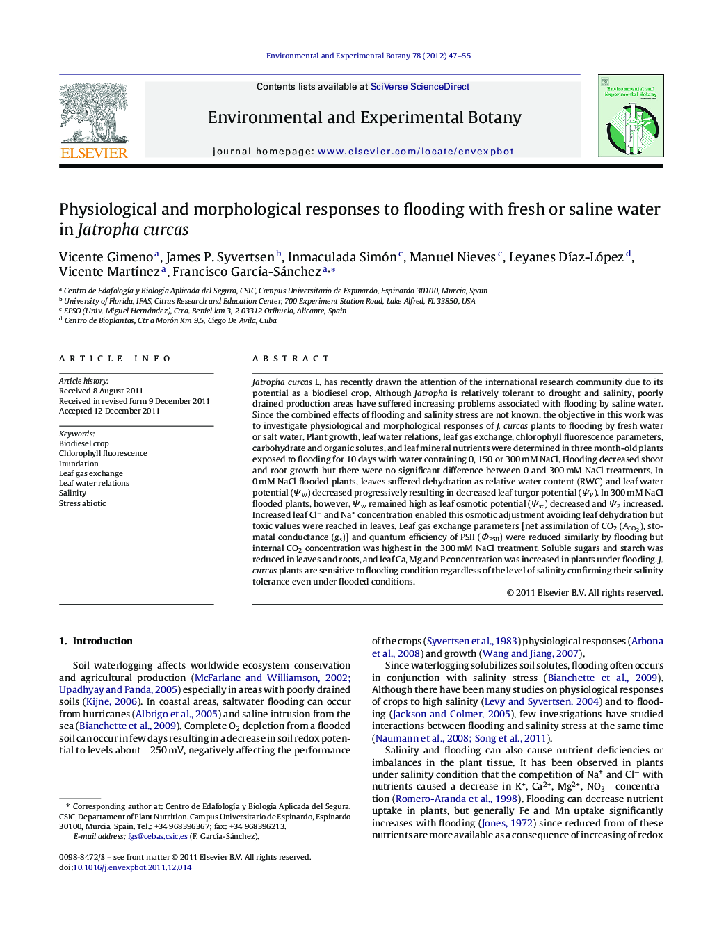 Physiological and morphological responses to flooding with fresh or saline water in Jatropha curcas