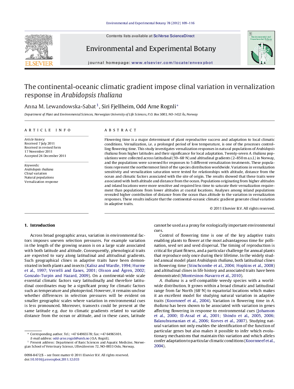 The continental-oceanic climatic gradient impose clinal variation in vernalization response in Arabidopsis thaliana