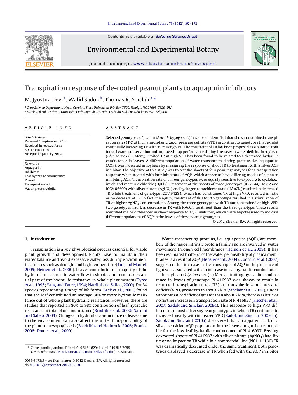 Transpiration response of de-rooted peanut plants to aquaporin inhibitors