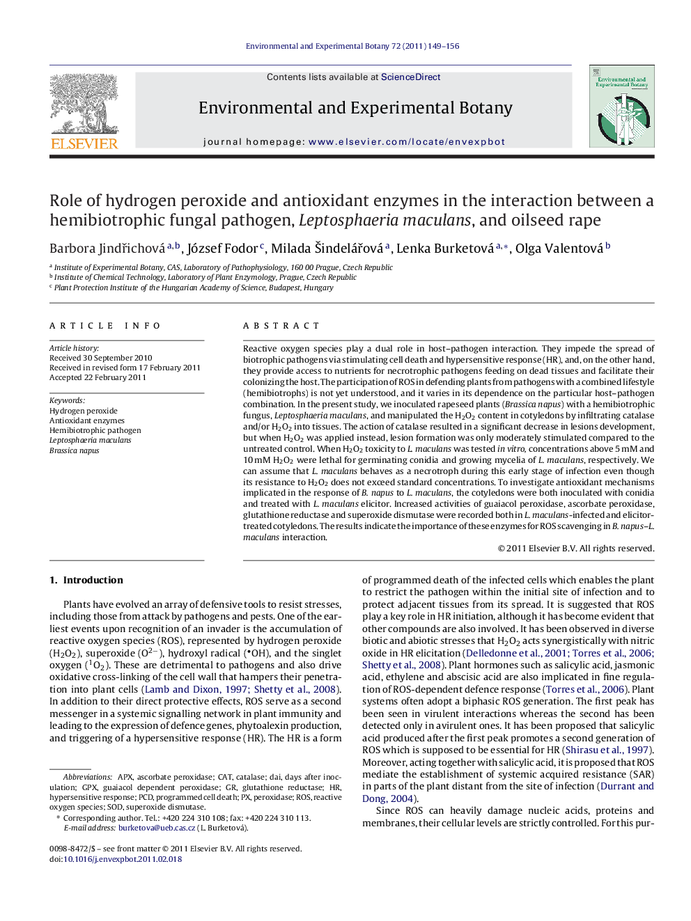 Role of hydrogen peroxide and antioxidant enzymes in the interaction between a hemibiotrophic fungal pathogen, Leptosphaeria maculans, and oilseed rape