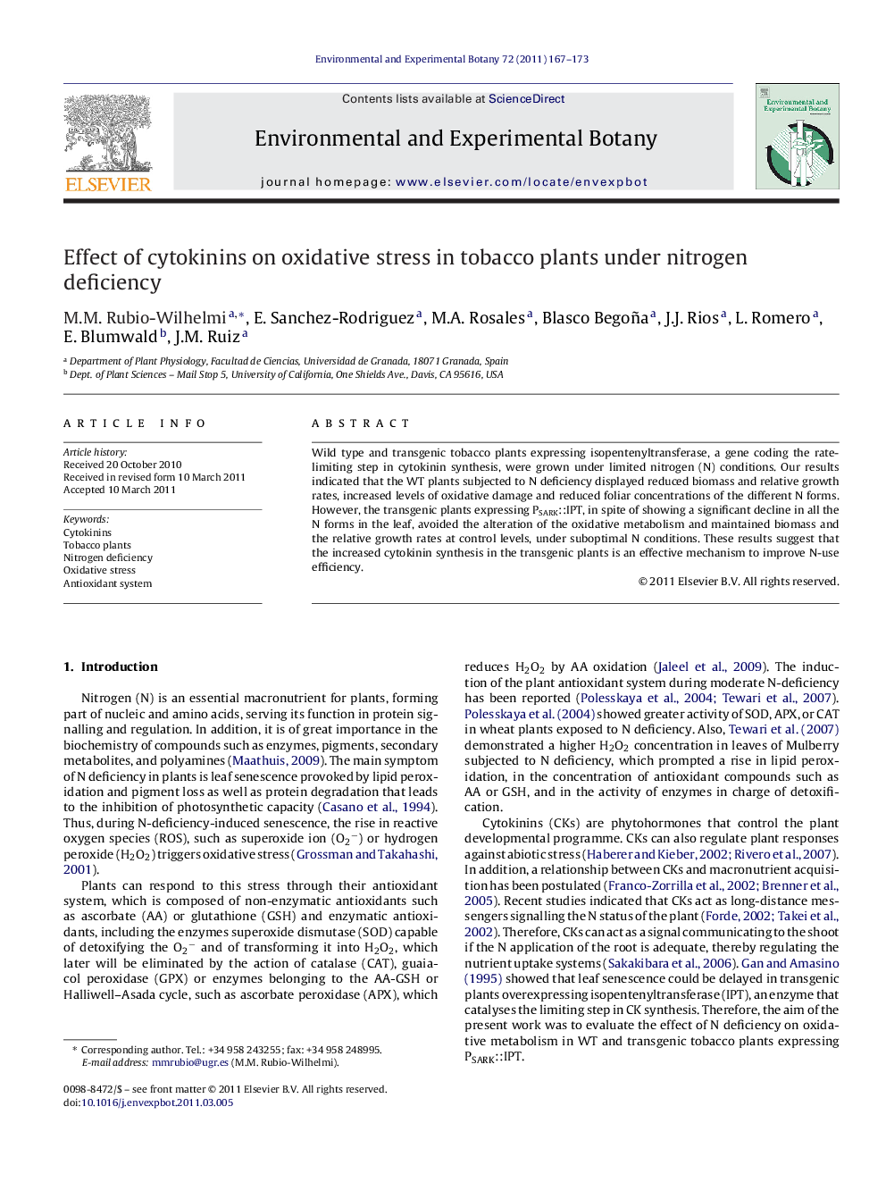 Effect of cytokinins on oxidative stress in tobacco plants under nitrogen deficiency