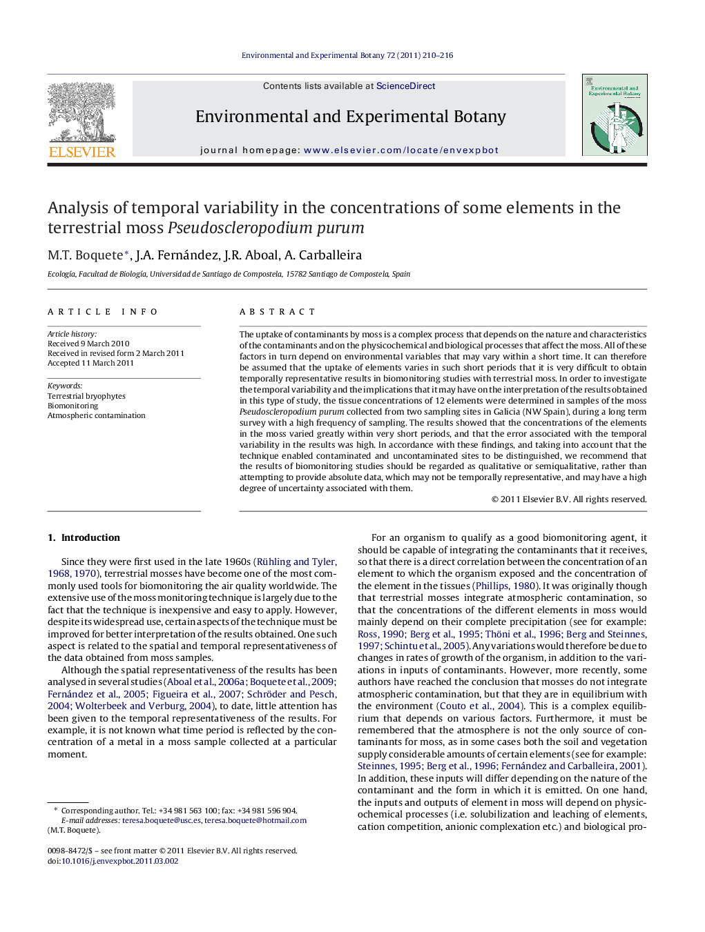 Analysis of temporal variability in the concentrations of some elements in the terrestrial moss Pseudoscleropodium purum