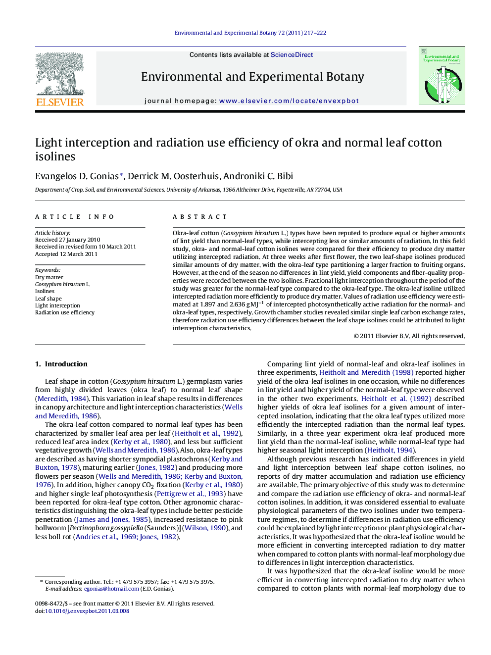عکس صفحه اول مقاله: Light interception and radiation use efficiency of okra and normal leaf cotton isolines Light interception and radiation use efficiency of okra and normal leaf cotton isolines