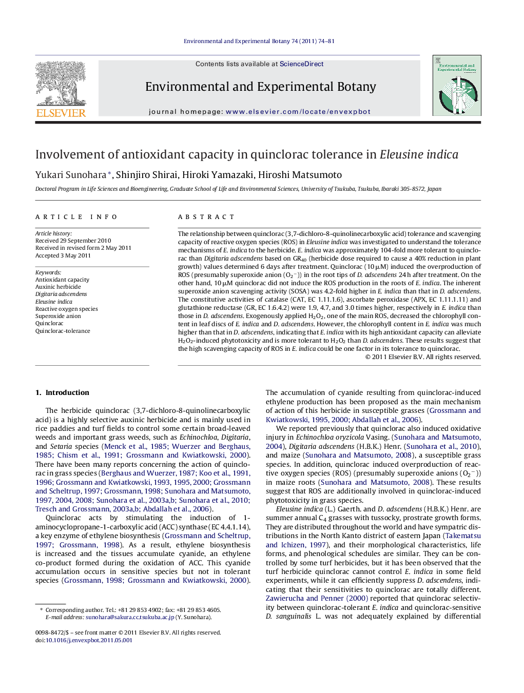 Involvement of antioxidant capacity in quinclorac tolerance in Eleusine indica