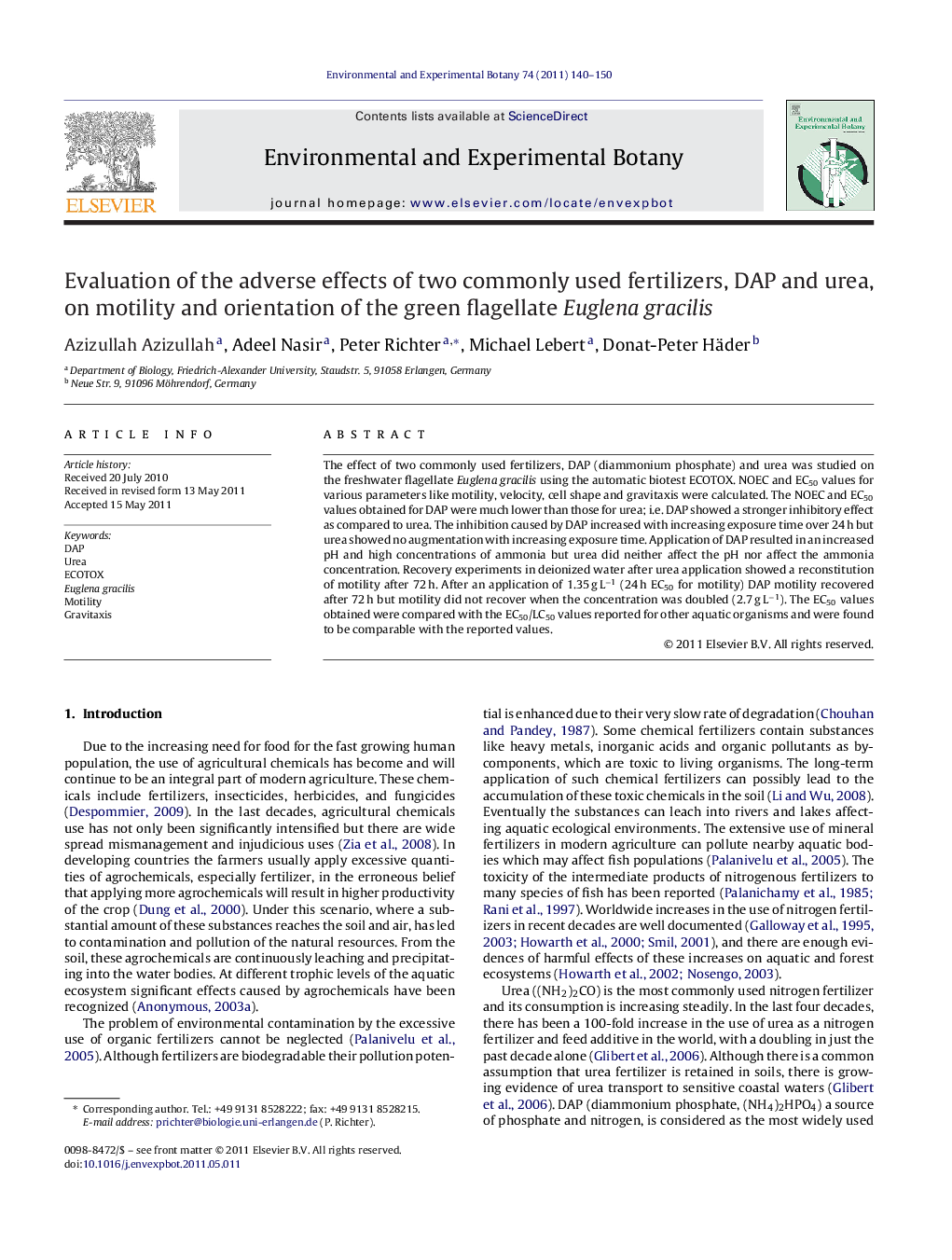 Evaluation of the adverse effects of two commonly used fertilizers, DAP and urea, on motility and orientation of the green flagellate Euglena gracilis