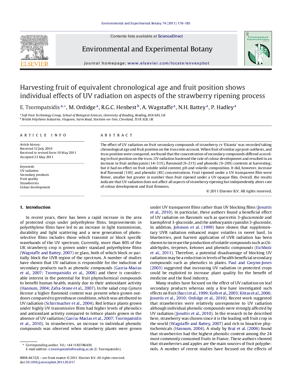 Harvesting fruit of equivalent chronological age and fruit position shows individual effects of UV radiation on aspects of the strawberry ripening process