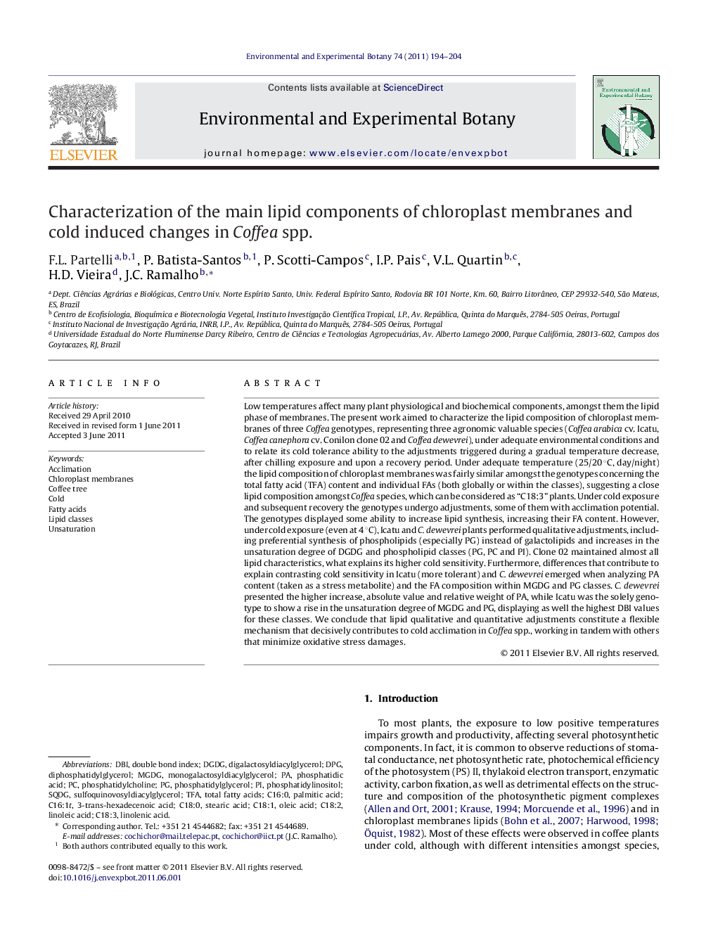 Characterization of the main lipid components of chloroplast membranes and cold induced changes in Coffea spp.