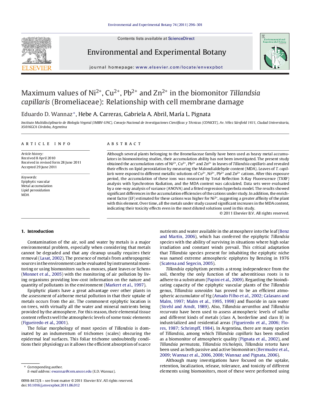 Maximum values of Ni2+, Cu2+, Pb2+ and Zn2+ in the biomonitor Tillandsia capillaris (Bromeliaceae): Relationship with cell membrane damage