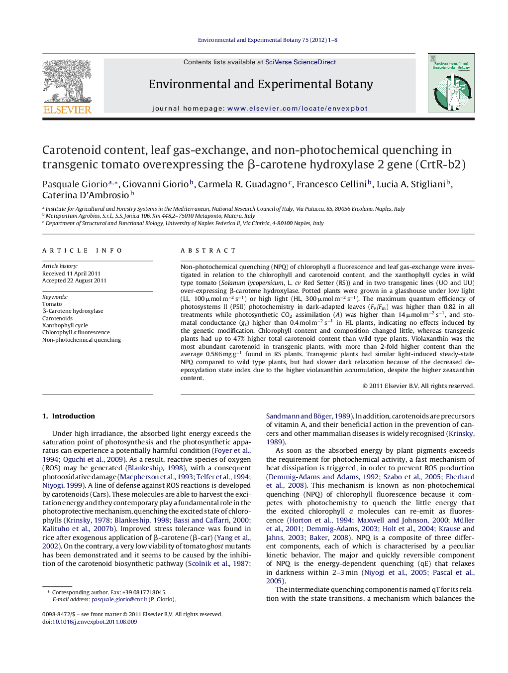 Carotenoid content, leaf gas-exchange, and non-photochemical quenching in transgenic tomato overexpressing the β-carotene hydroxylase 2 gene (CrtR-b2)