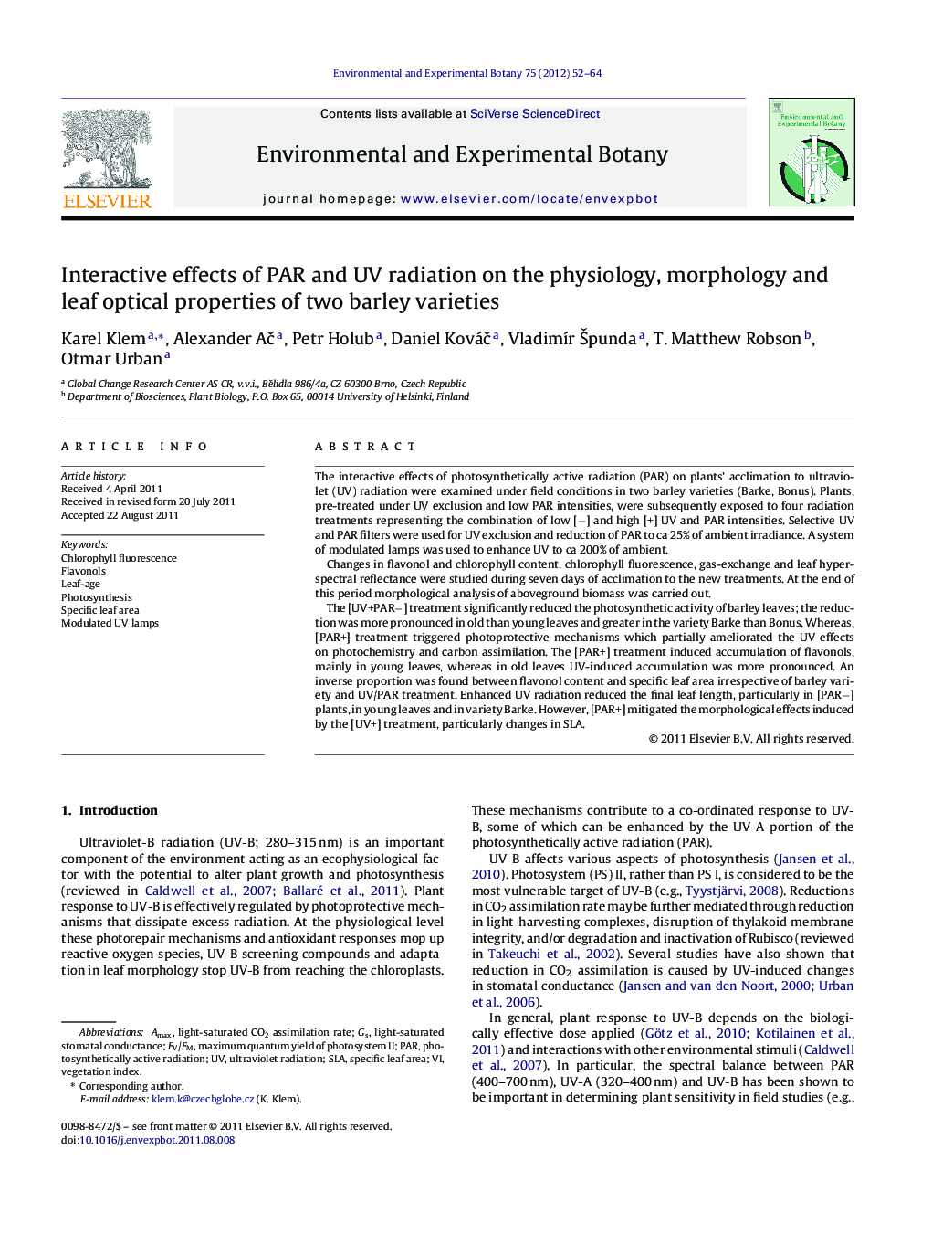 Interactive effects of PAR and UV radiation on the physiology, morphology and leaf optical properties of two barley varieties