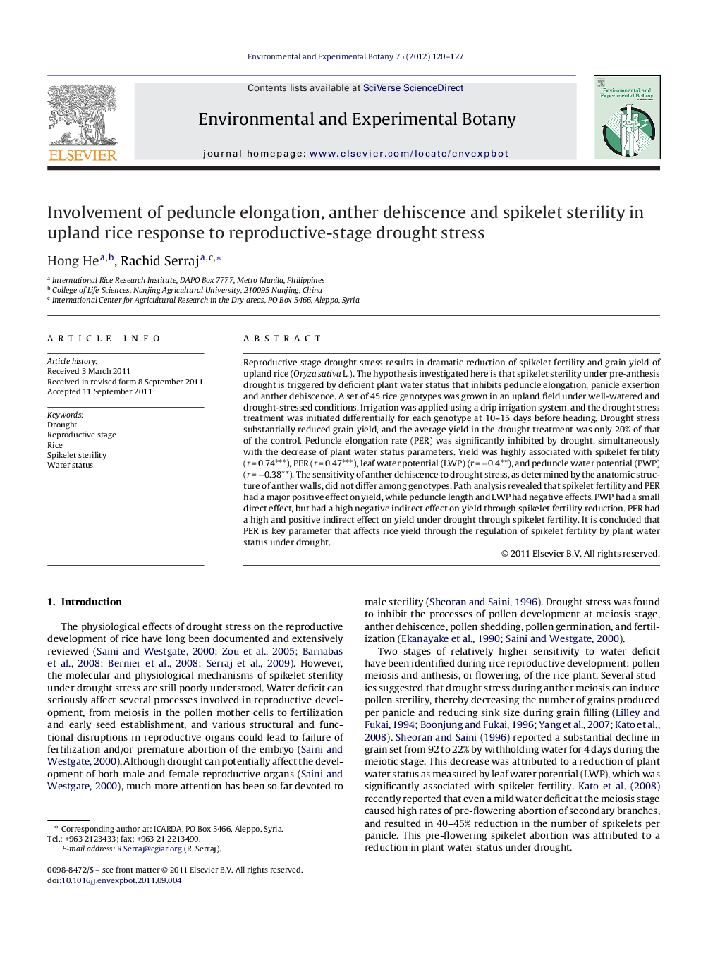 Involvement of peduncle elongation, anther dehiscence and spikelet sterility in upland rice response to reproductive-stage drought stress