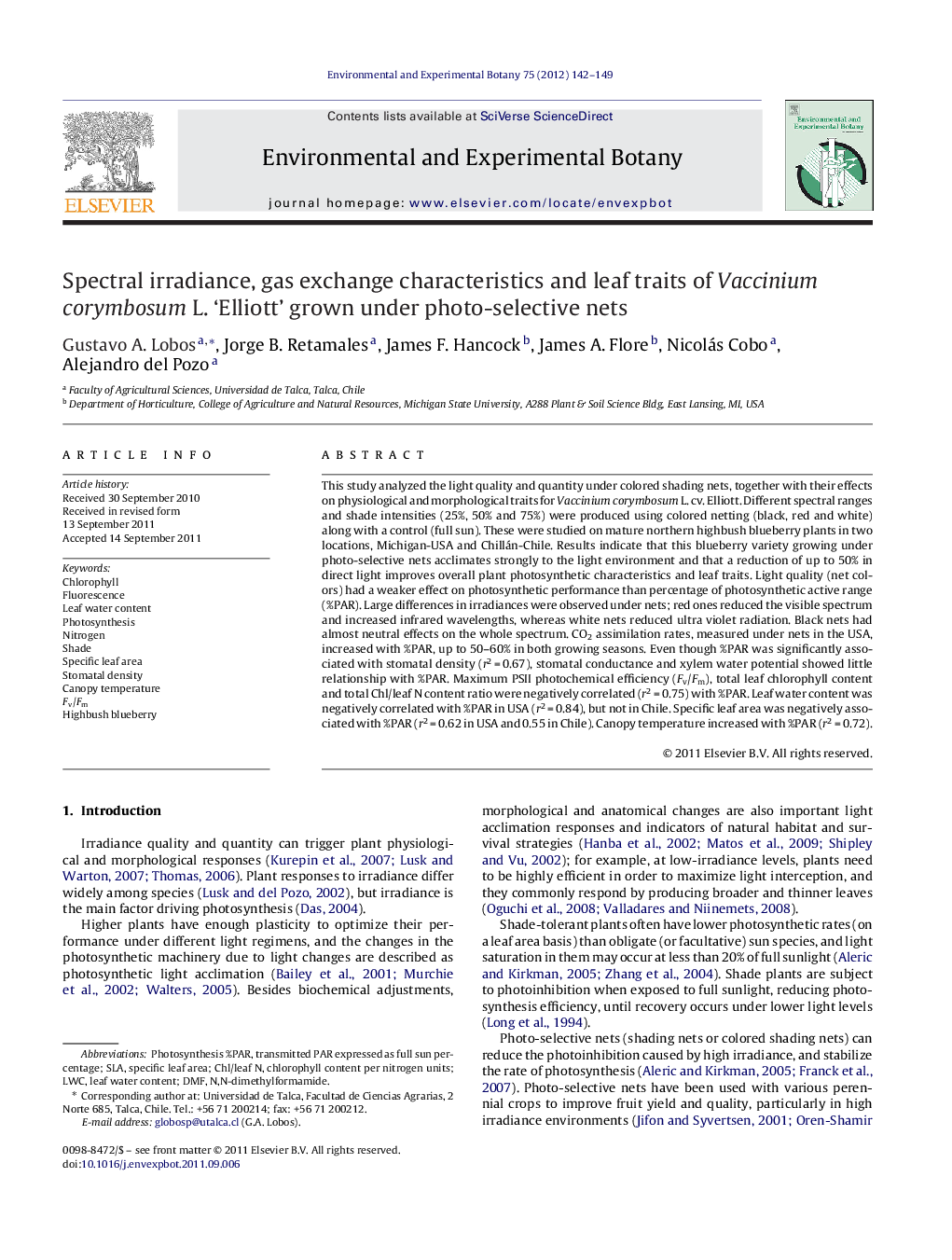 Spectral irradiance, gas exchange characteristics and leaf traits of Vaccinium corymbosum L. ‘Elliott’ grown under photo-selective nets