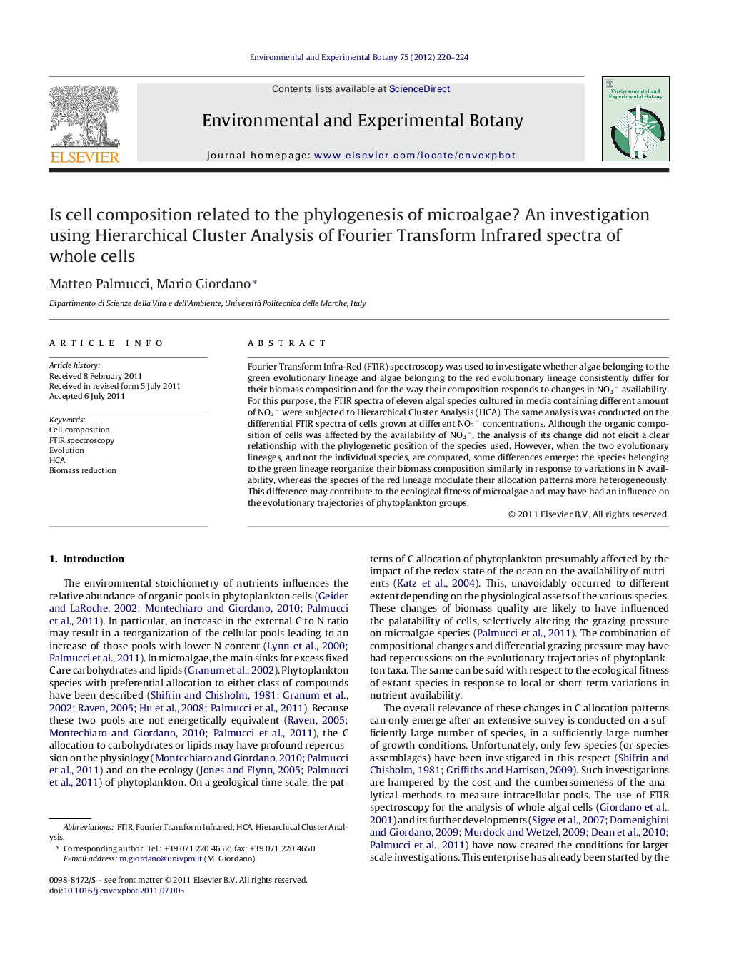 Is cell composition related to the phylogenesis of microalgae? An investigation using Hierarchical Cluster Analysis of Fourier Transform Infrared spectra of whole cells