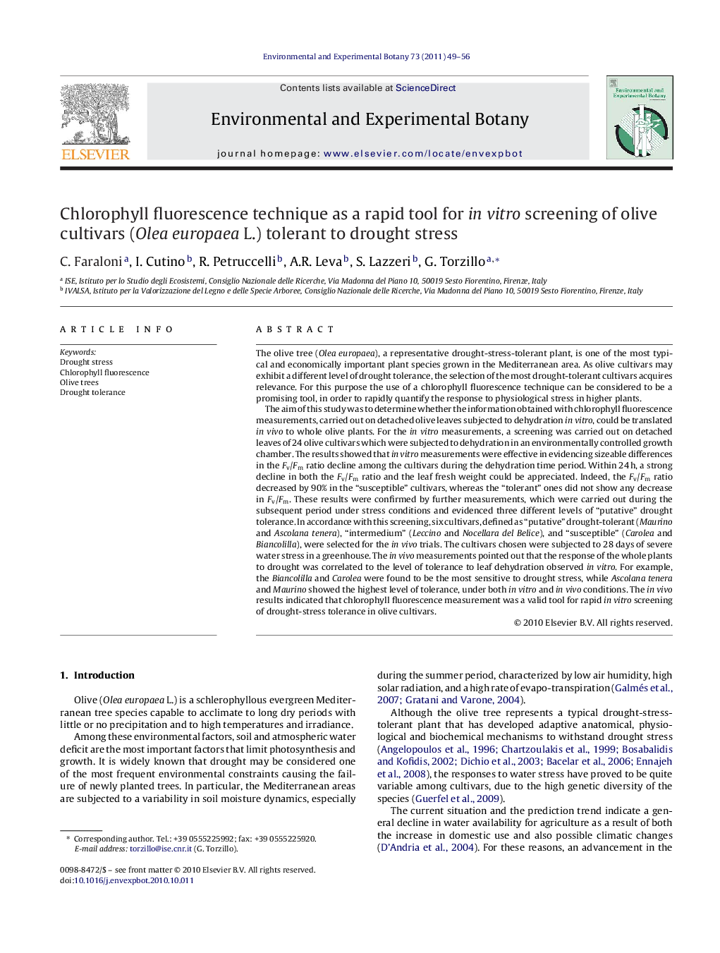 Chlorophyll fluorescence technique as a rapid tool for in vitro screening of olive cultivars (Olea europaea L.) tolerant to drought stress