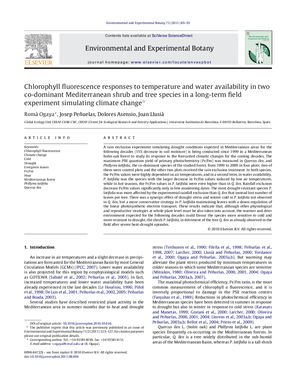 Chlorophyll fluorescence responses to temperature and water availability in two co-dominant Mediterranean shrub and tree species in a long-term field experiment simulating climate change 