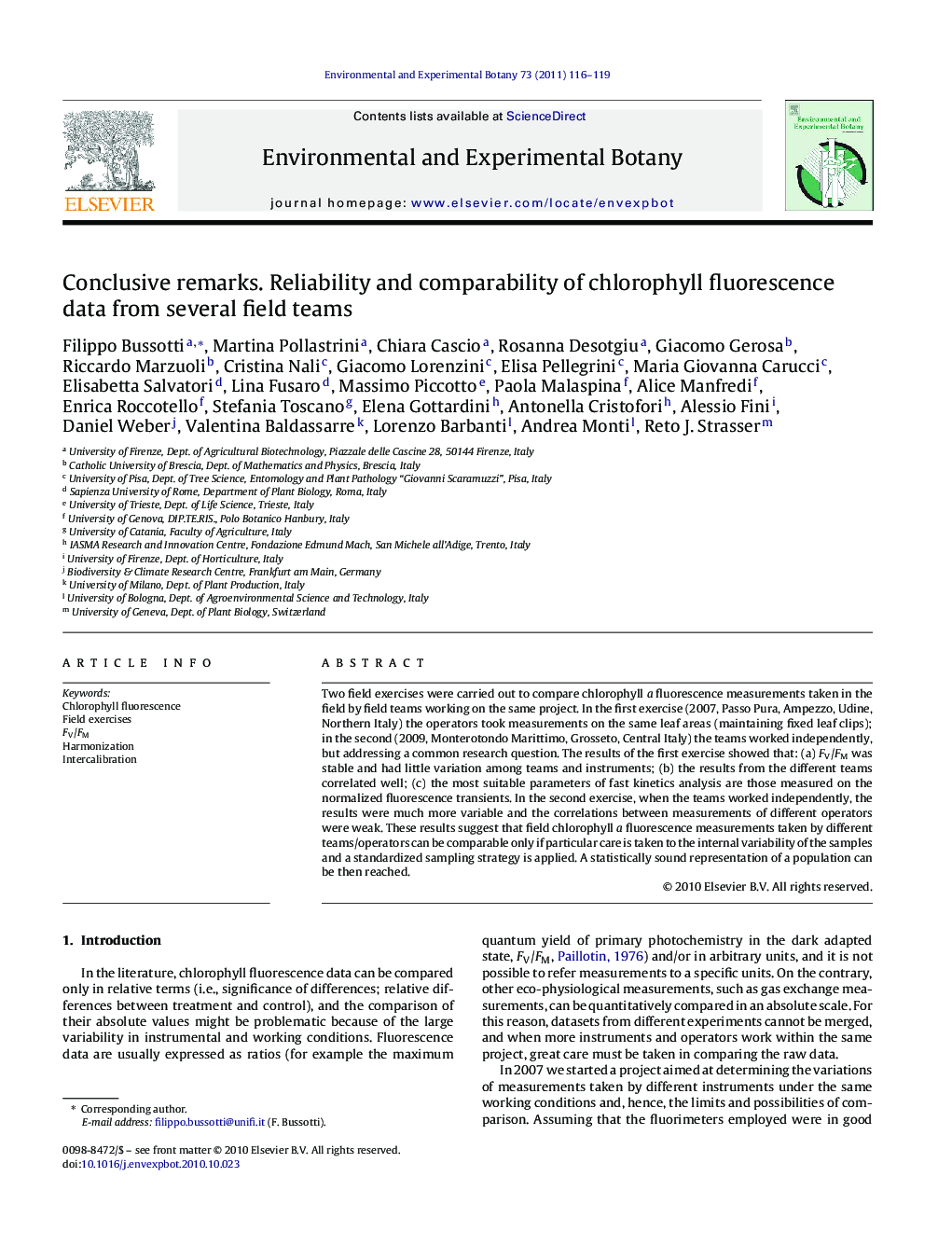 Conclusive remarks. Reliability and comparability of chlorophyll fluorescence data from several field teams