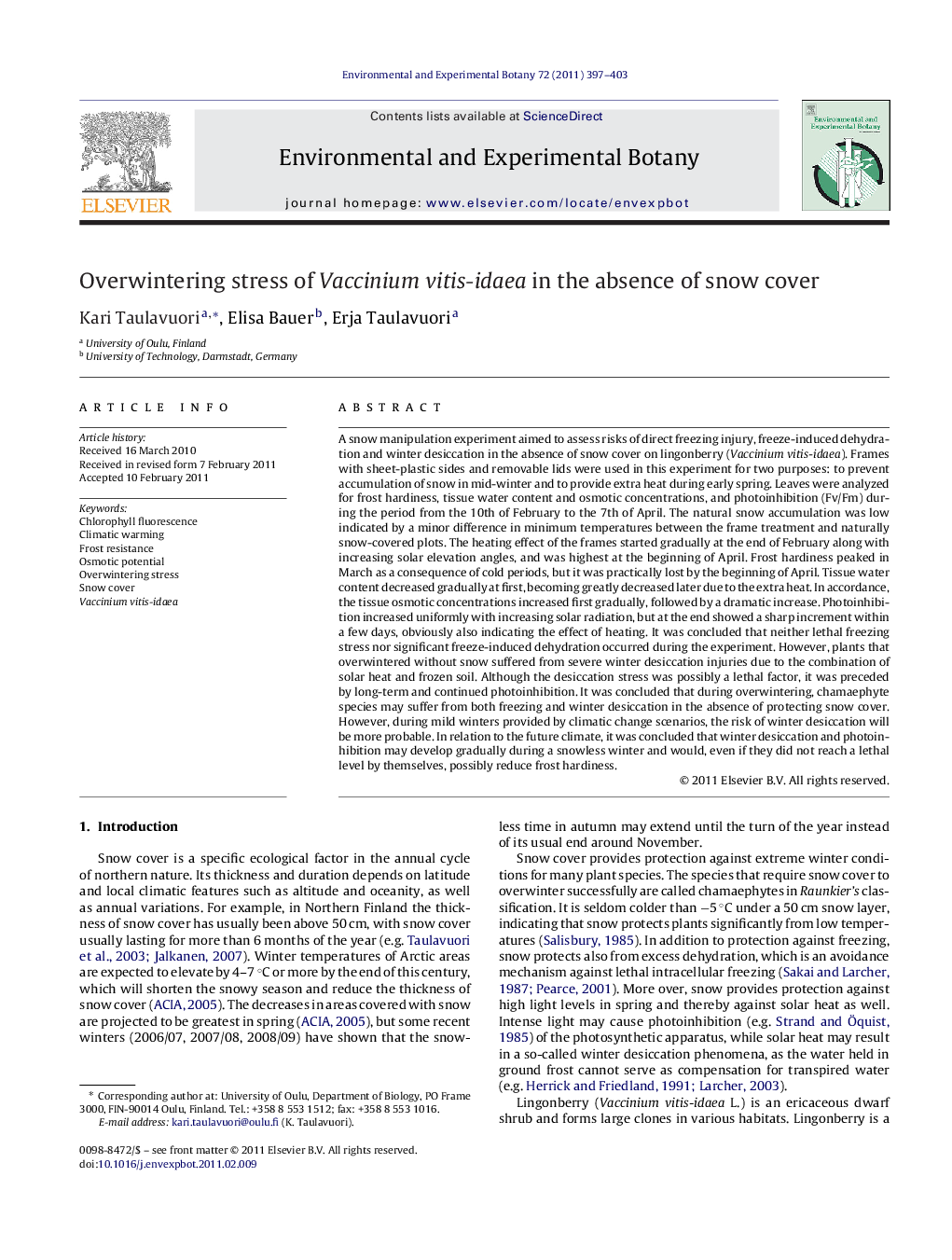 Overwintering stress of Vaccinium vitis-idaea in the absence of snow cover