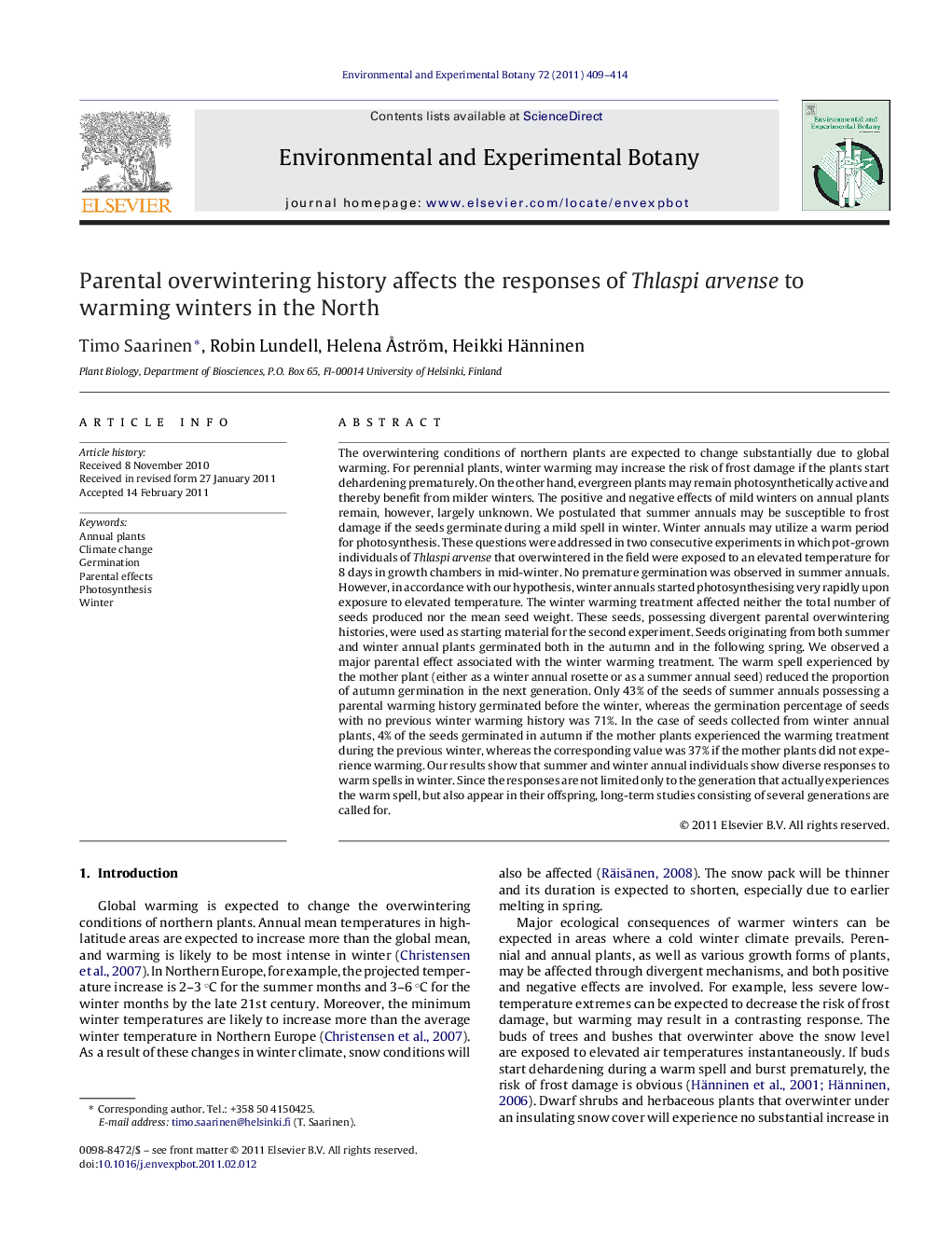 Parental overwintering history affects the responses of Thlaspi arvense to warming winters in the North