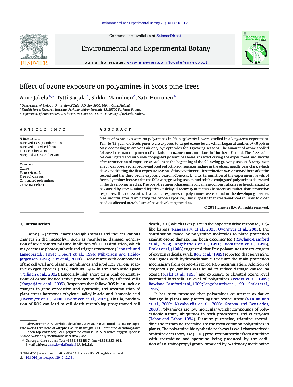 Effect of ozone exposure on polyamines in Scots pine trees