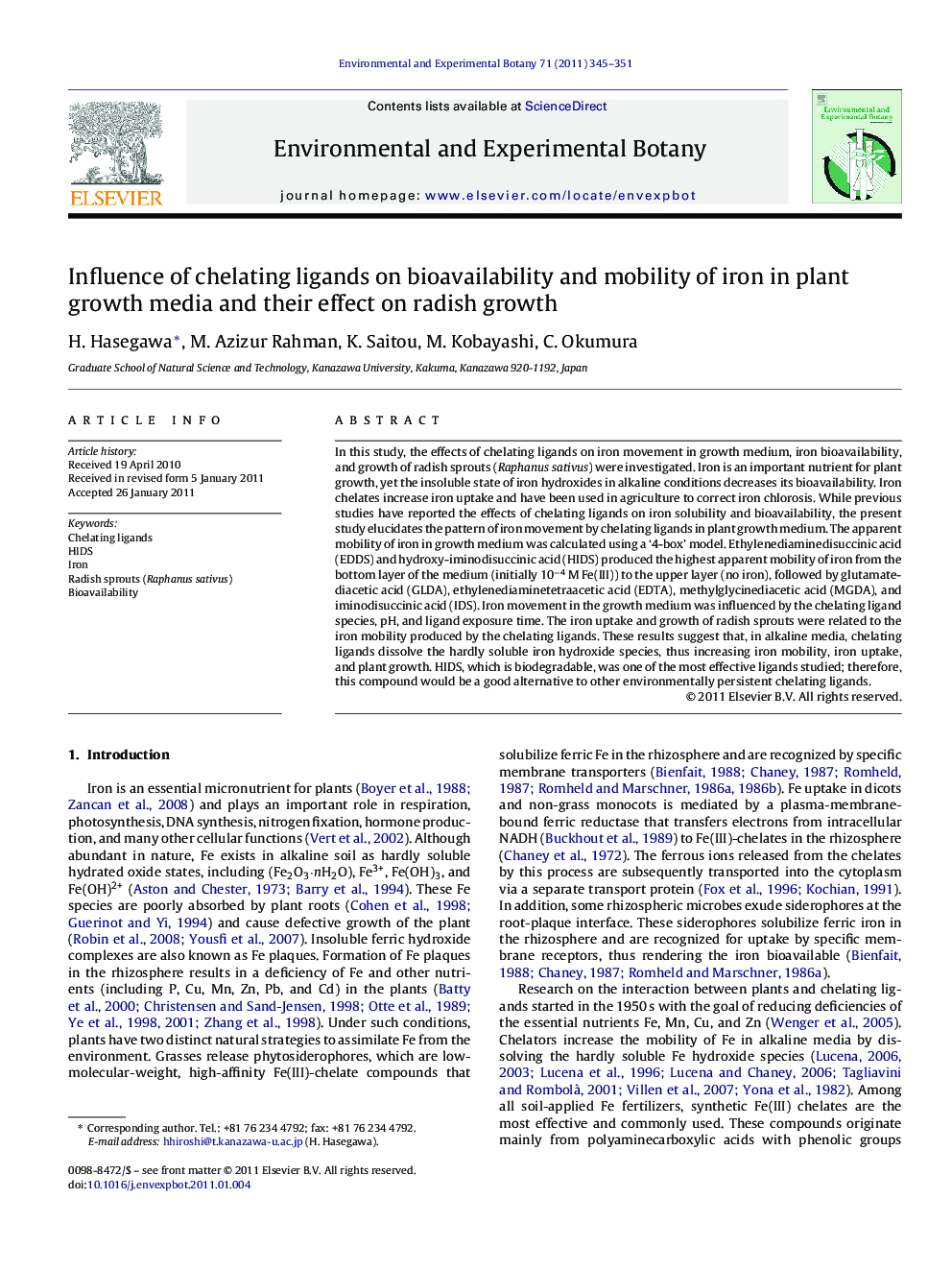 Influence of chelating ligands on bioavailability and mobility of iron in plant growth media and their effect on radish growth