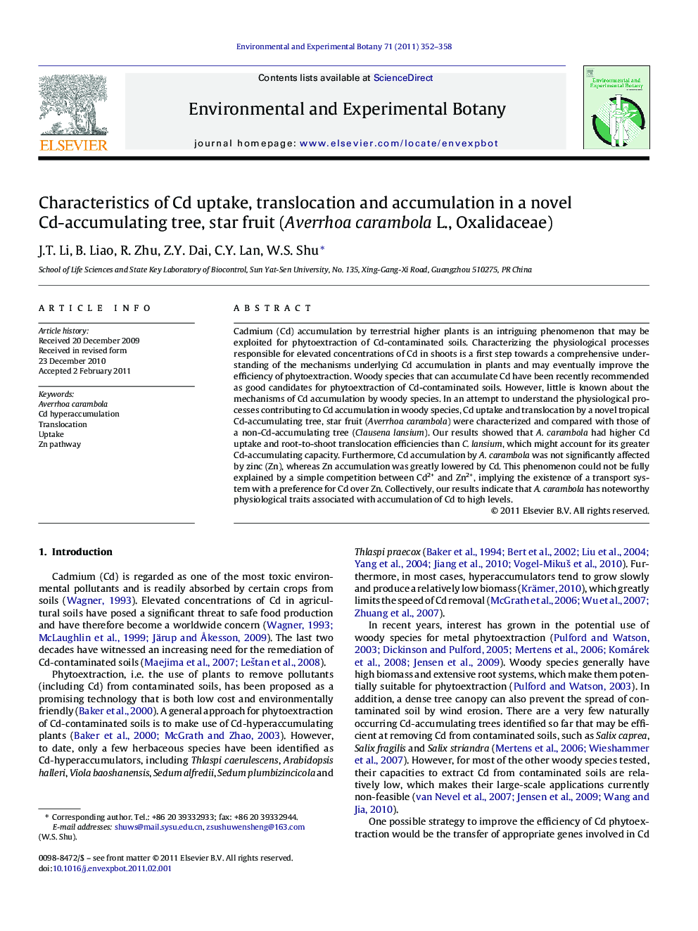 Characteristics of Cd uptake, translocation and accumulation in a novel Cd-accumulating tree, star fruit (Averrhoa carambola L., Oxalidaceae)