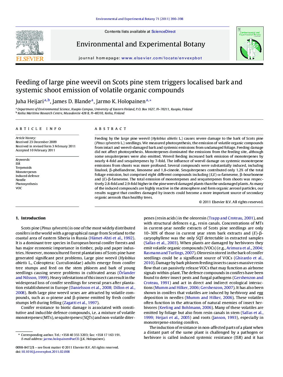 Feeding of large pine weevil on Scots pine stem triggers localised bark and systemic shoot emission of volatile organic compounds