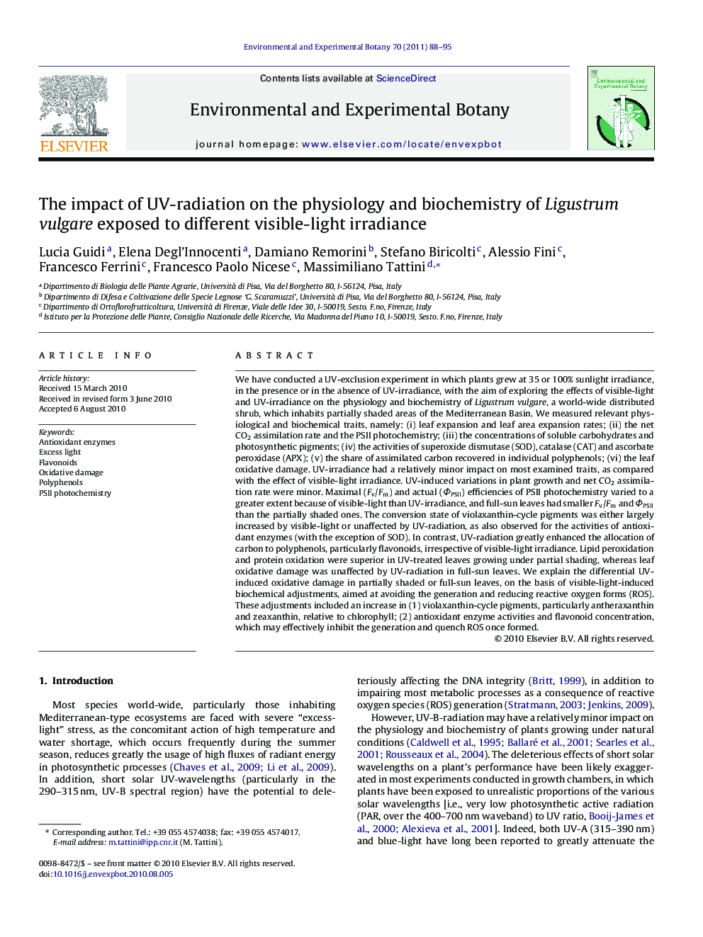 The impact of UV-radiation on the physiology and biochemistry of Ligustrum vulgare exposed to different visible-light irradiance