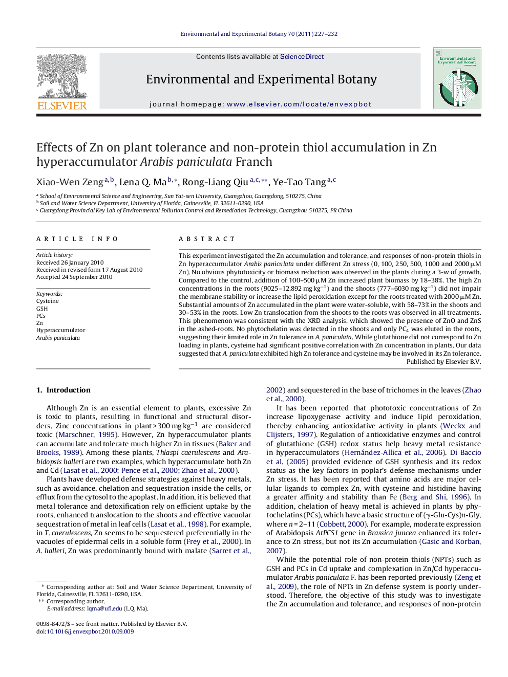 Effects of Zn on plant tolerance and non-protein thiol accumulation in Zn hyperaccumulator Arabis paniculata Franch