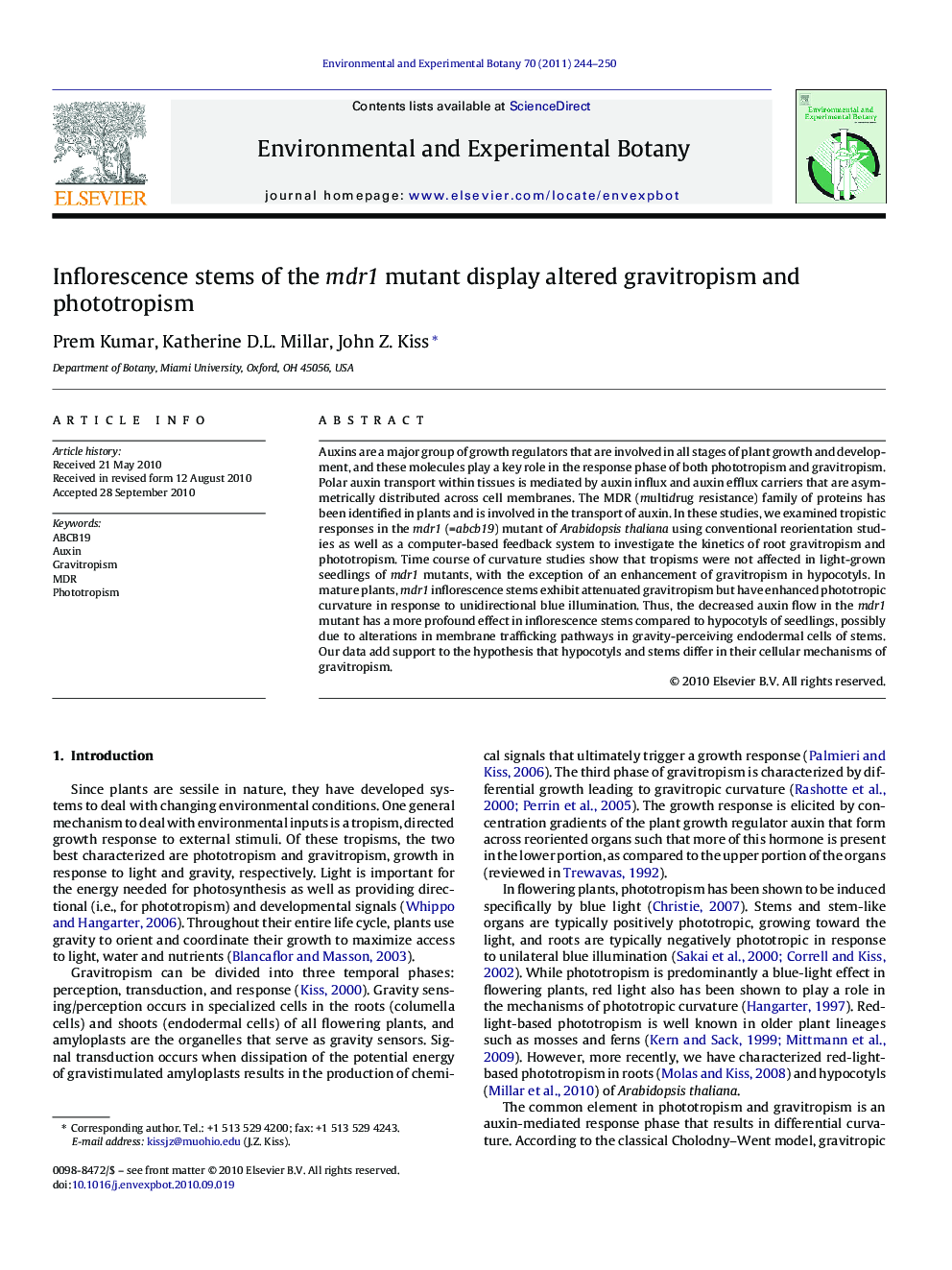 Inflorescence stems of the mdr1 mutant display altered gravitropism and phototropism