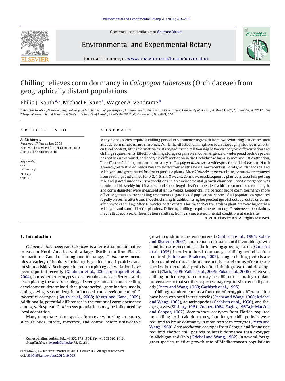 Chilling relieves corm dormancy in Calopogon tuberosus (Orchidaceae) from geographically distant populations