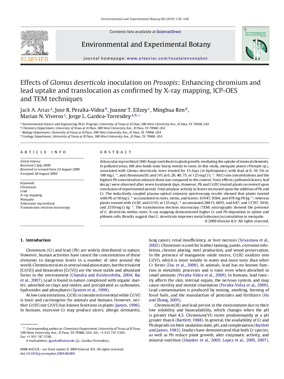 Effects of Glomus deserticola inoculation on Prosopis: Enhancing chromium and lead uptake and translocation as confirmed by X-ray mapping, ICP-OES and TEM techniques