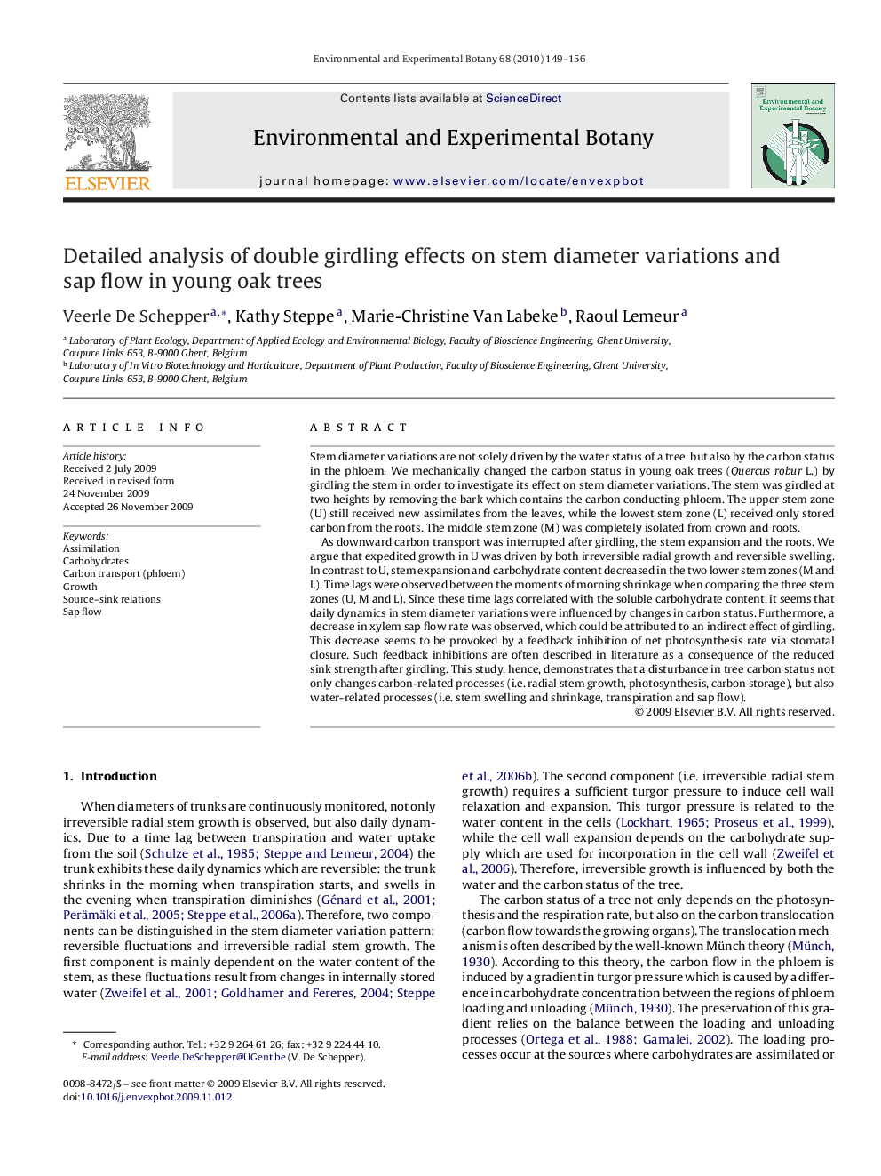 Detailed analysis of double girdling effects on stem diameter variations and sap flow in young oak trees