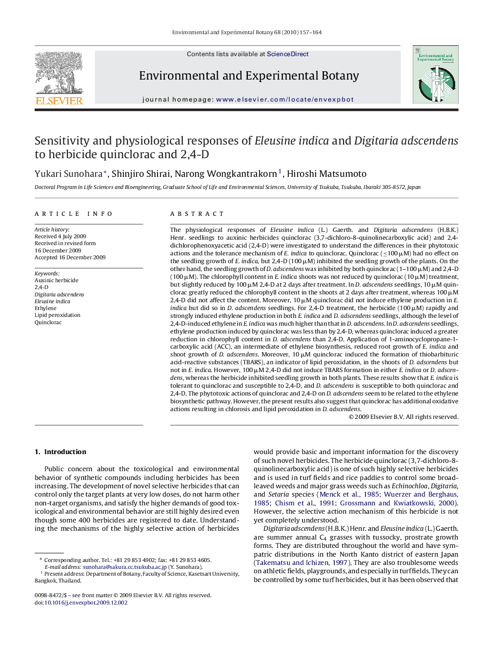 Sensitivity and physiological responses of Eleusine indica and Digitaria adscendens to herbicide quinclorac and 2,4-D