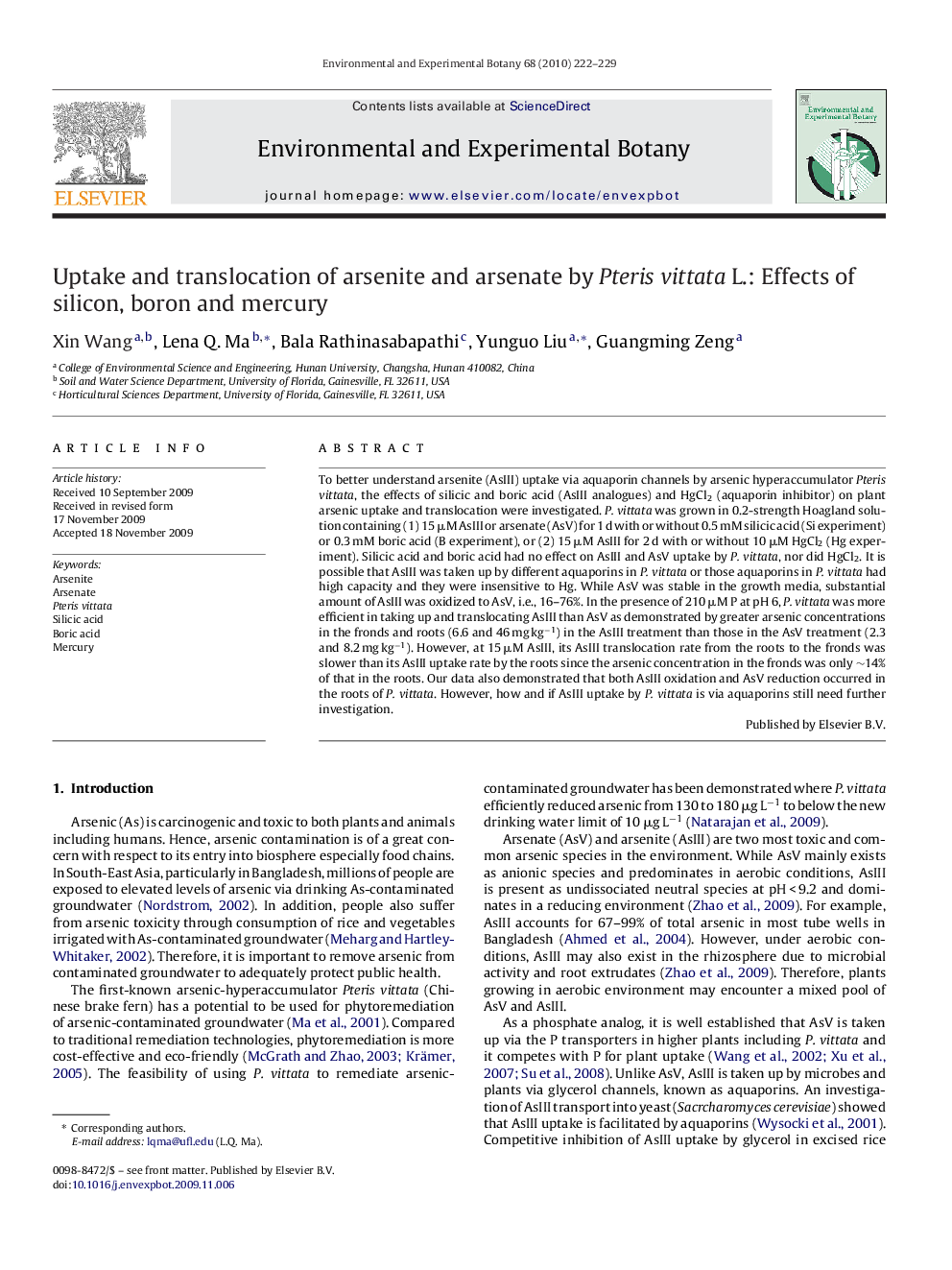 Uptake and translocation of arsenite and arsenate by Pteris vittata L.: Effects of silicon, boron and mercury