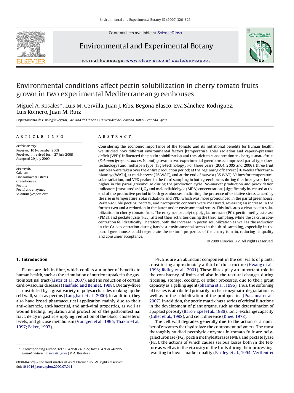 Environmental conditions affect pectin solubilization in cherry tomato fruits grown in two experimental Mediterranean greenhouses