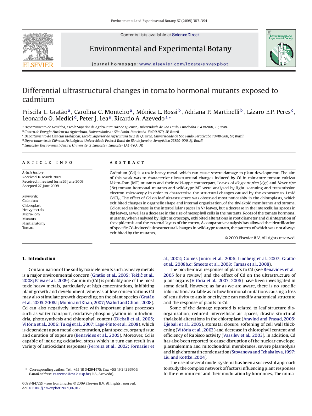 Differential ultrastructural changes in tomato hormonal mutants exposed to cadmium