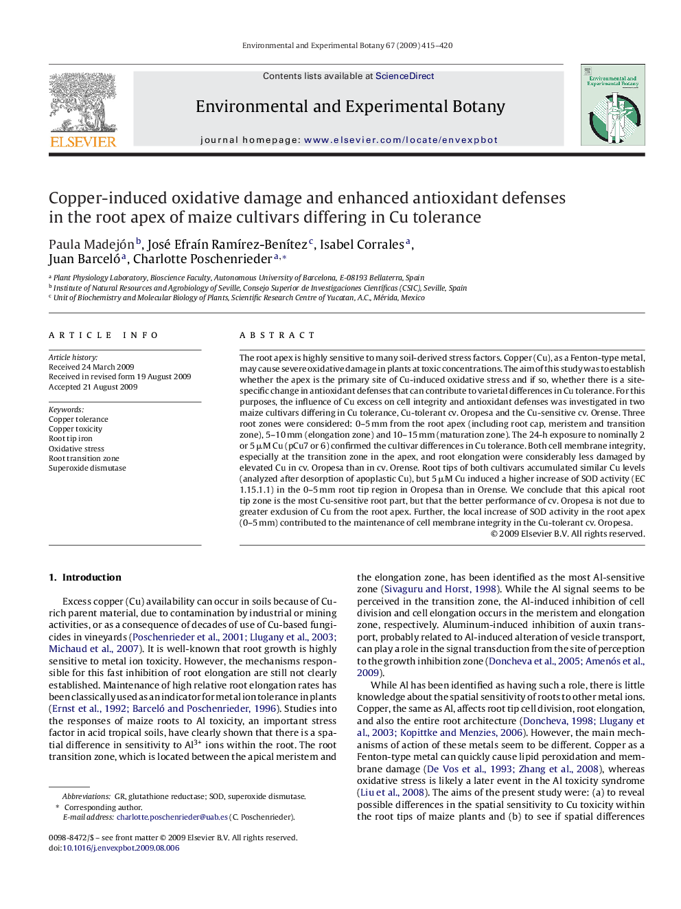 Copper-induced oxidative damage and enhanced antioxidant defenses in the root apex of maize cultivars differing in Cu tolerance