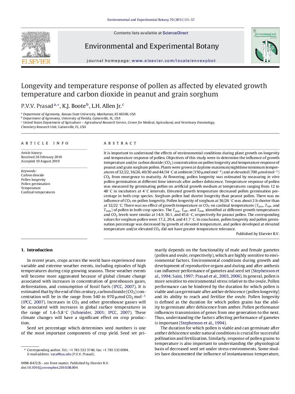 Longevity and temperature response of pollen as affected by elevated growth temperature and carbon dioxide in peanut and grain sorghum