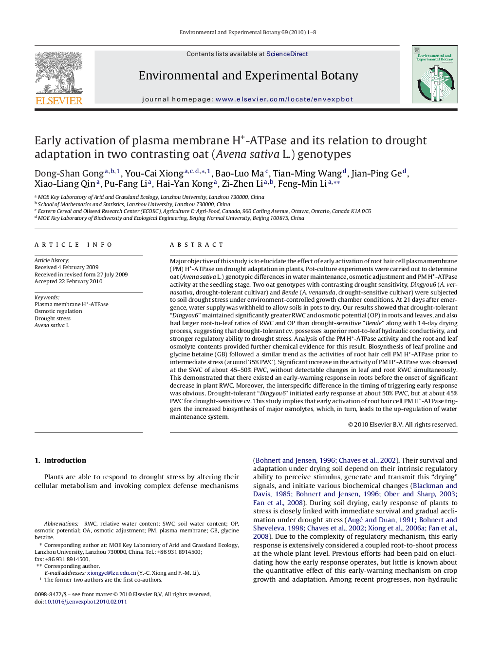 Early activation of plasma membrane H+-ATPase and its relation to drought adaptation in two contrasting oat (Avena sativa L.) genotypes