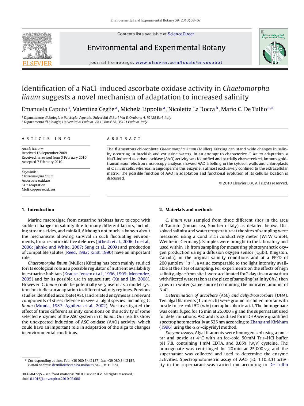 Identification of a NaCl-induced ascorbate oxidase activity in Chaetomorpha linum suggests a novel mechanism of adaptation to increased salinity